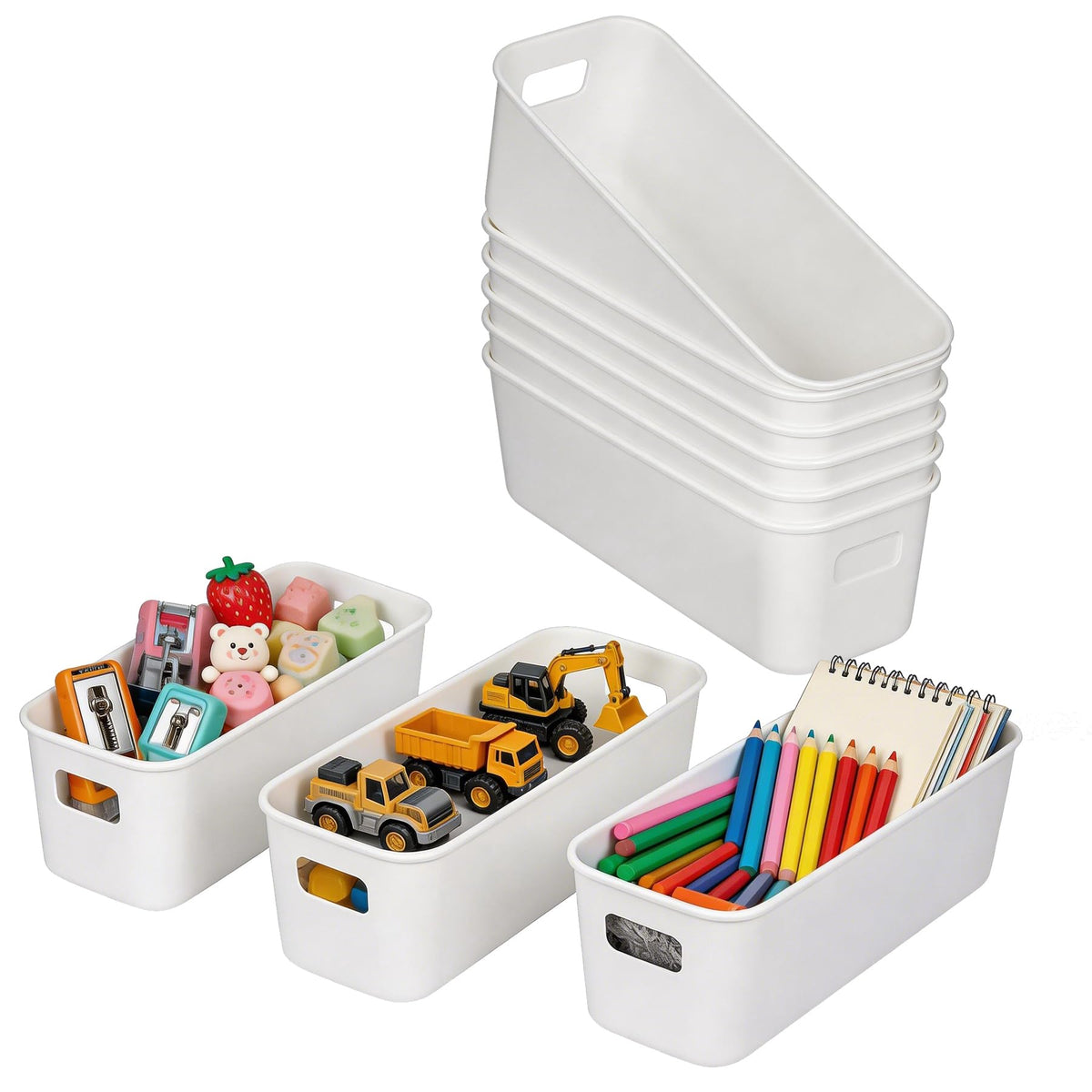 10 Pack Narrow Storage Baskets with Handles, Small Plastic Storage Boxes for Kitchen Cupboard, Bathroom Shelf Organiser Bins