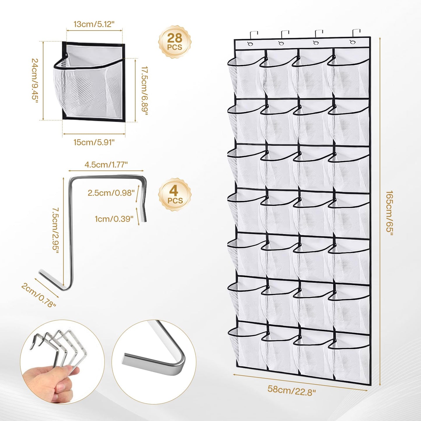 lafo Over the Door Hanging Storage Organizer with 28 Extra-Large Mesh Pockets (165x58cm) 4 Reinforced Hooks Multi-Purpose Shoe Rack for