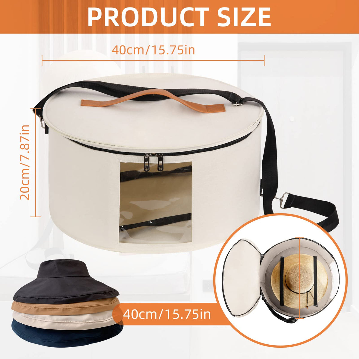 Ohiyoo Travel Hat Boxes with Lid - 16'' x 8'' Round Hat Boxes for Women & Men, Foldable Stuffed Animal Toy Storage Bin White