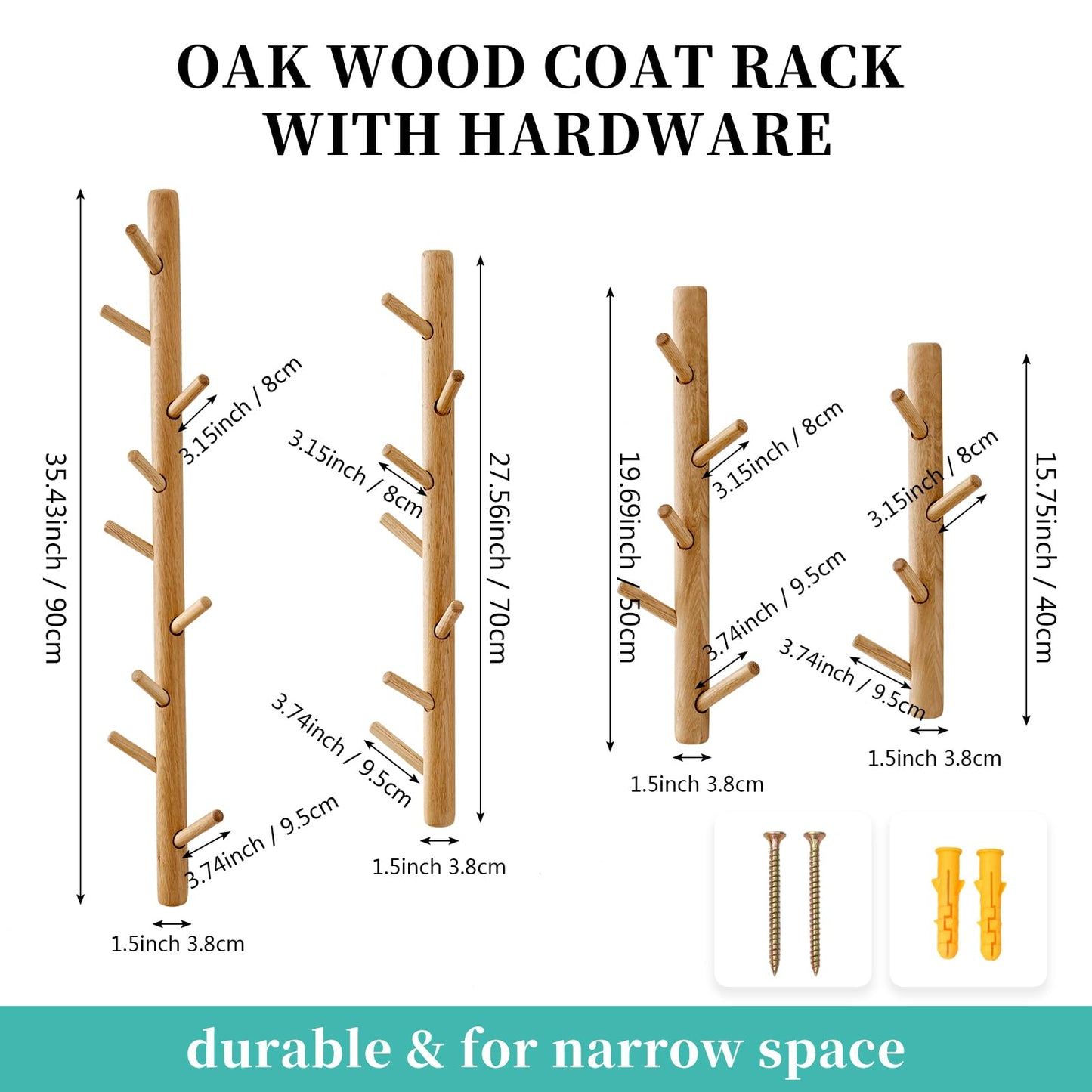 TREOAKWIS Vertical Coat Rack 90cm, Wood Hat Rack Wall Mounted with 9 Hooks
