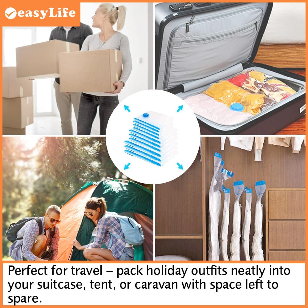 Easylife Vacuum Storage Bags (Set of 6) 5x Large Storage Bags (80x60cm), 1x Jumbo Bag (80x100cm) and 1x Hand Pump, Airtight Duvet
