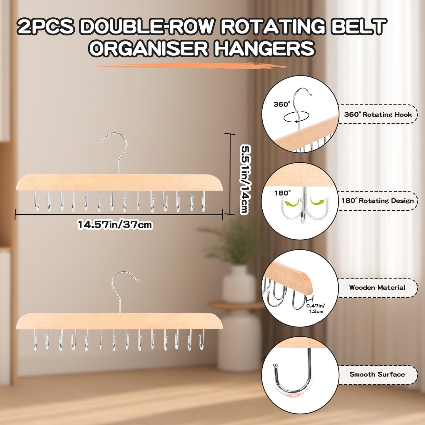 Srvillg Belt Hanger for Wardrobe, 2pcs Double-row Rotating Hooks Bra Hanger, Black Bra Belt Organiser Hangers for Space Saving Closet Organizers and