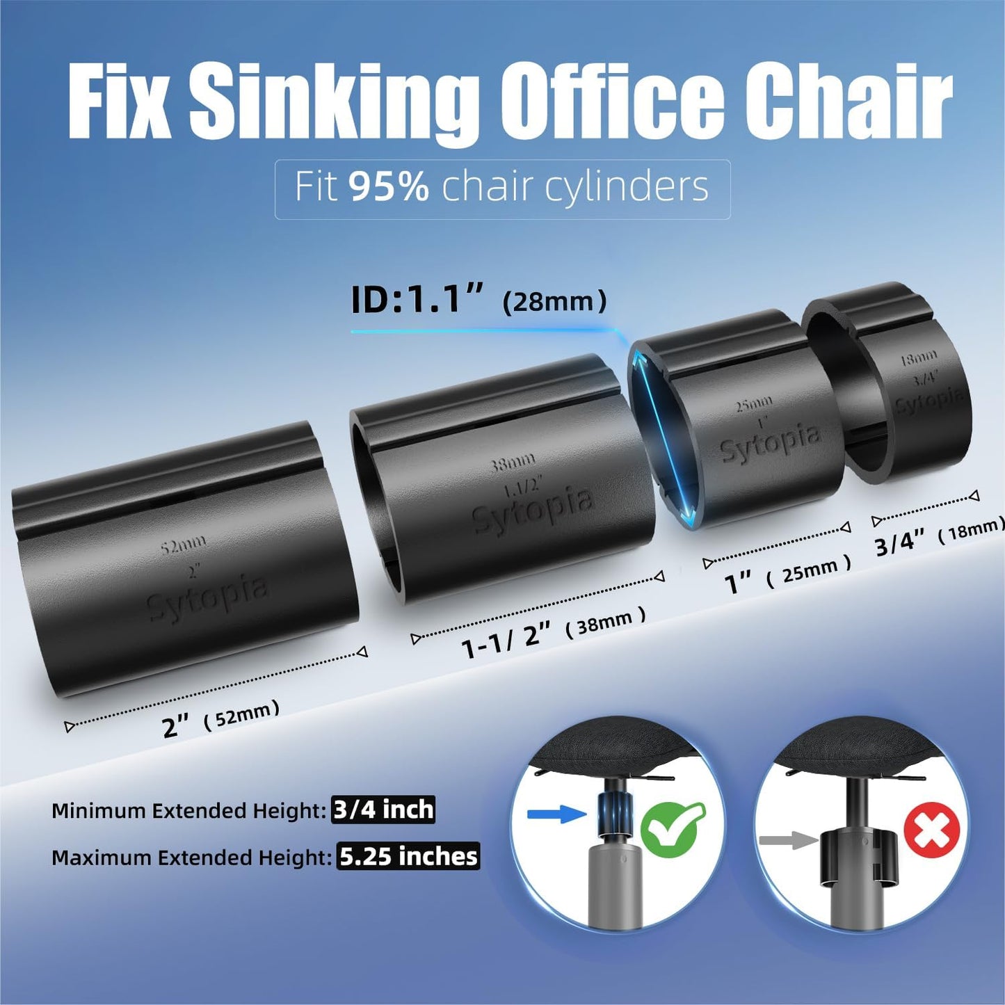 Sytopia Fix Sinking Office Chairs, 4 Pieces Clamps Chair Height Extenders, Stop Gas Cylinder Sliding Down, No Tools Required, up to 5 Inches