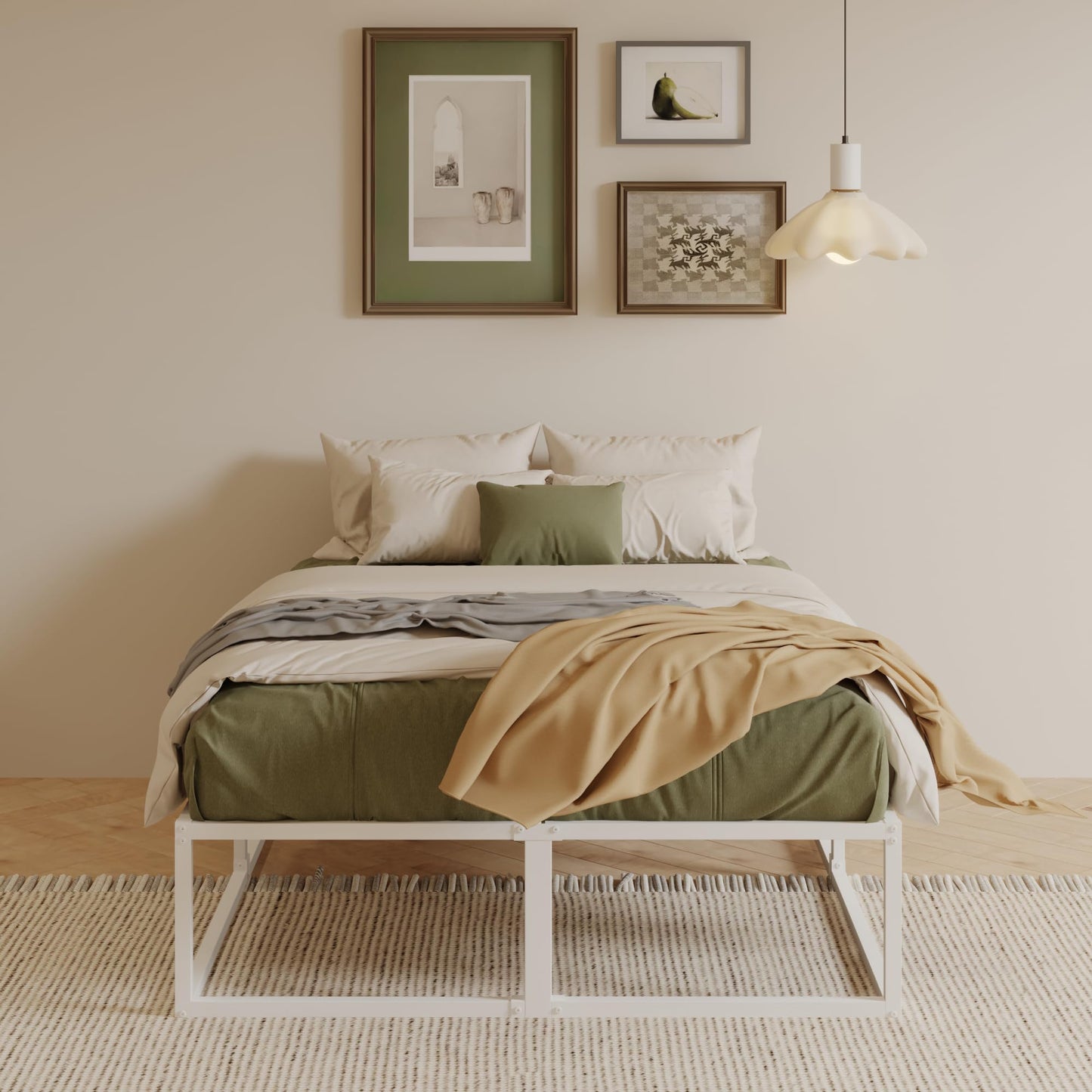 EMODA Metal Bed Frame 36cm High with Steel Slats Support, 160 x 190cm Heavy Duty Bed Frame Solid Platform, Noise Free, Easy Assembly, White