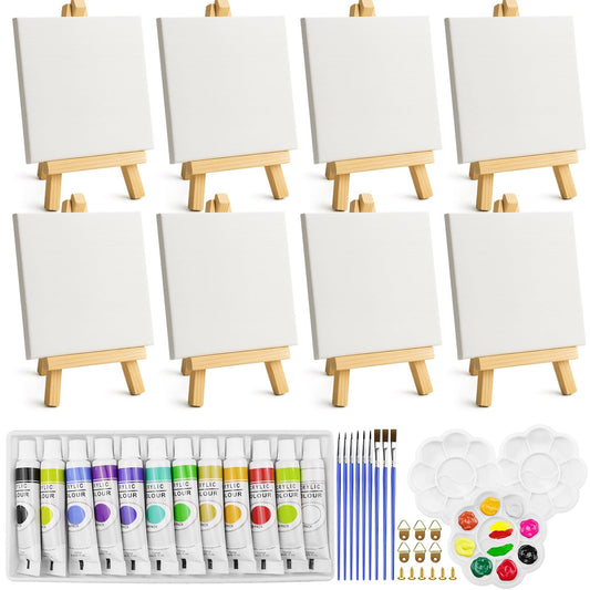 Zouboto Mini Canvas and Easel,46 Pcs Painting Set Includes 4x4 Inches Primed Canvas,Mini Wooden Easel,Acrylic Paint,Paint Brushes and Palette for Kids