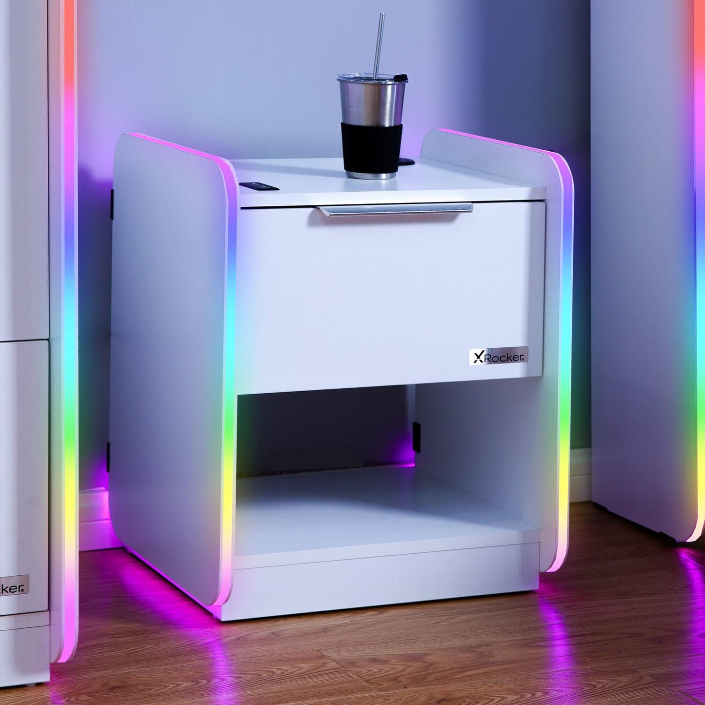 X-Rocker Electra 45cm x 40cm, RGB LED Bedside Table & Drawer - Neo Motion™ Sync App Controlled LED Lights, Wireless Charging, 1 Drawer, Storage Shelf