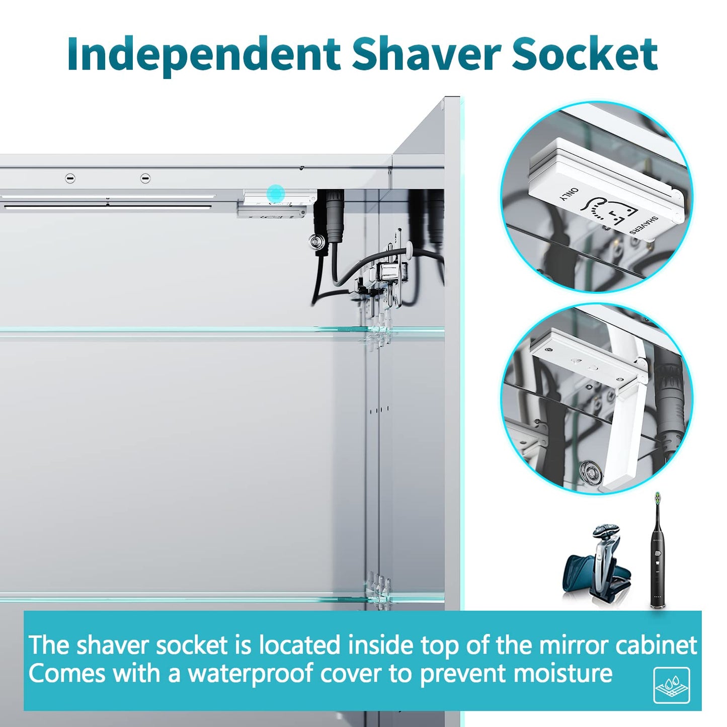 ELEGANT Bathroom Mirror Cabinets with Lights and Shaver Socket, Double Door Stainless Steel Bathroom Wall Cabinets with Three-color Infinitely