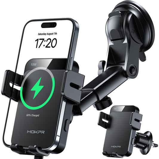 MOKPR Car Phone Holder Wireless Charger, 15W Wireless Car Charger Auto Clamping, Car Phone Holder for Air Vent/Dash/Windshield for iPhone