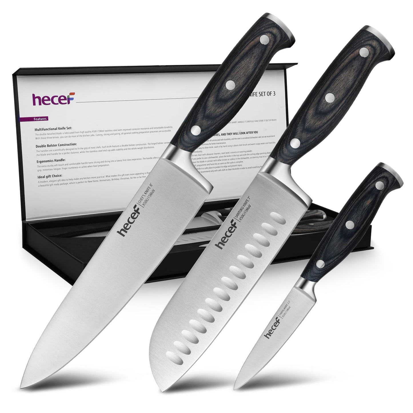 hecef Kitchen Knife Set, 3PCS Professional Chef Knife Set High Carbon Stainless Steel, Cooking Knife Set with Ergonomic Pakkawood Handle for Chef