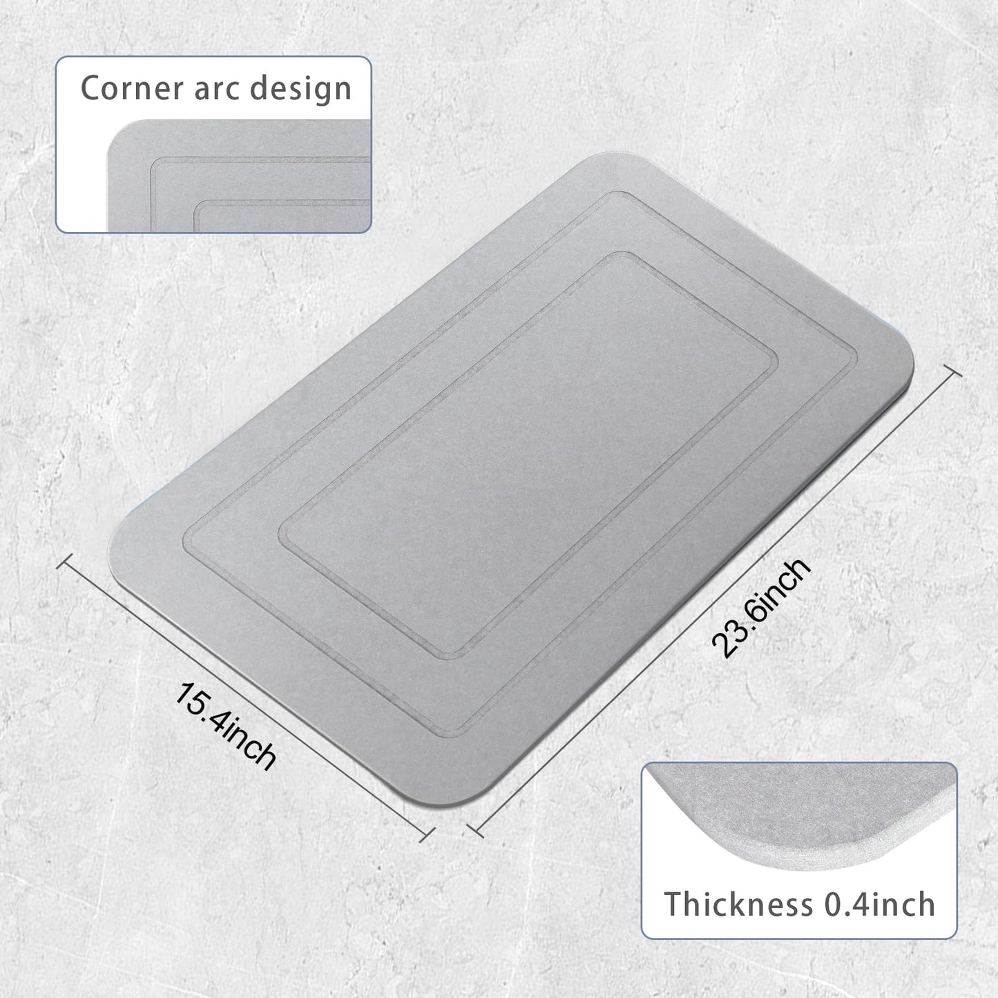 HUMIGA 2 Pack Stone Bath Mat, Diatomaceous Earth Shower Mat, Non-Slip Super Absorbent Quick Drying Bathroom Kitchen Floor Mat (Pale Gray, 24x15)