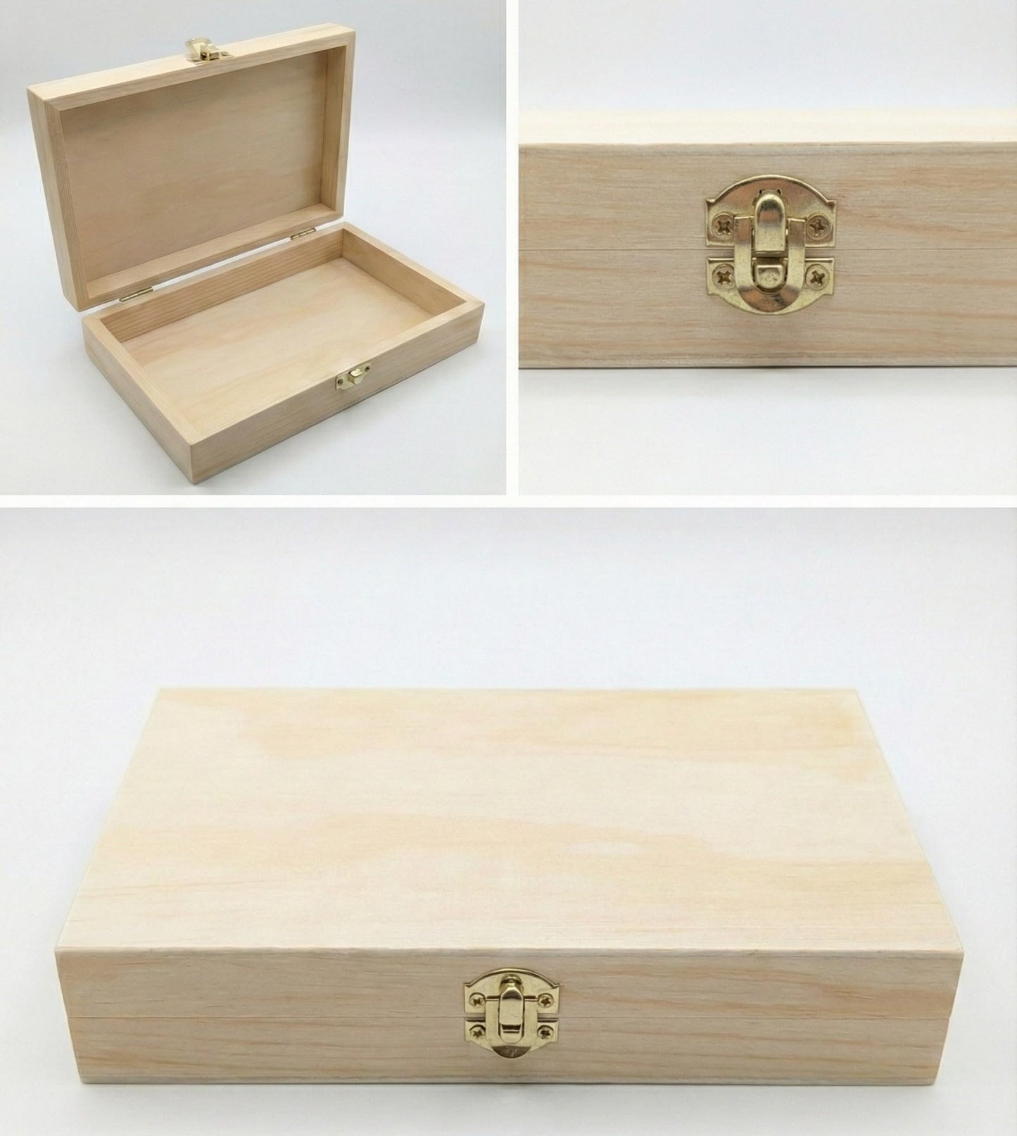 Laser Amore Wooden Box with Hinged Lid & Latch (19x11.5x3.5cm) – Small Pine Storage Box for Photo Prints, Memory Keepsake, Art Pencils, or Stash Box