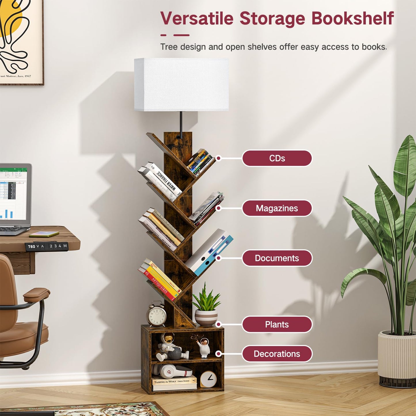 OUTONLIFE 9 Tier Tree Bookshelf with Light and Cabinet, Remote & Timer