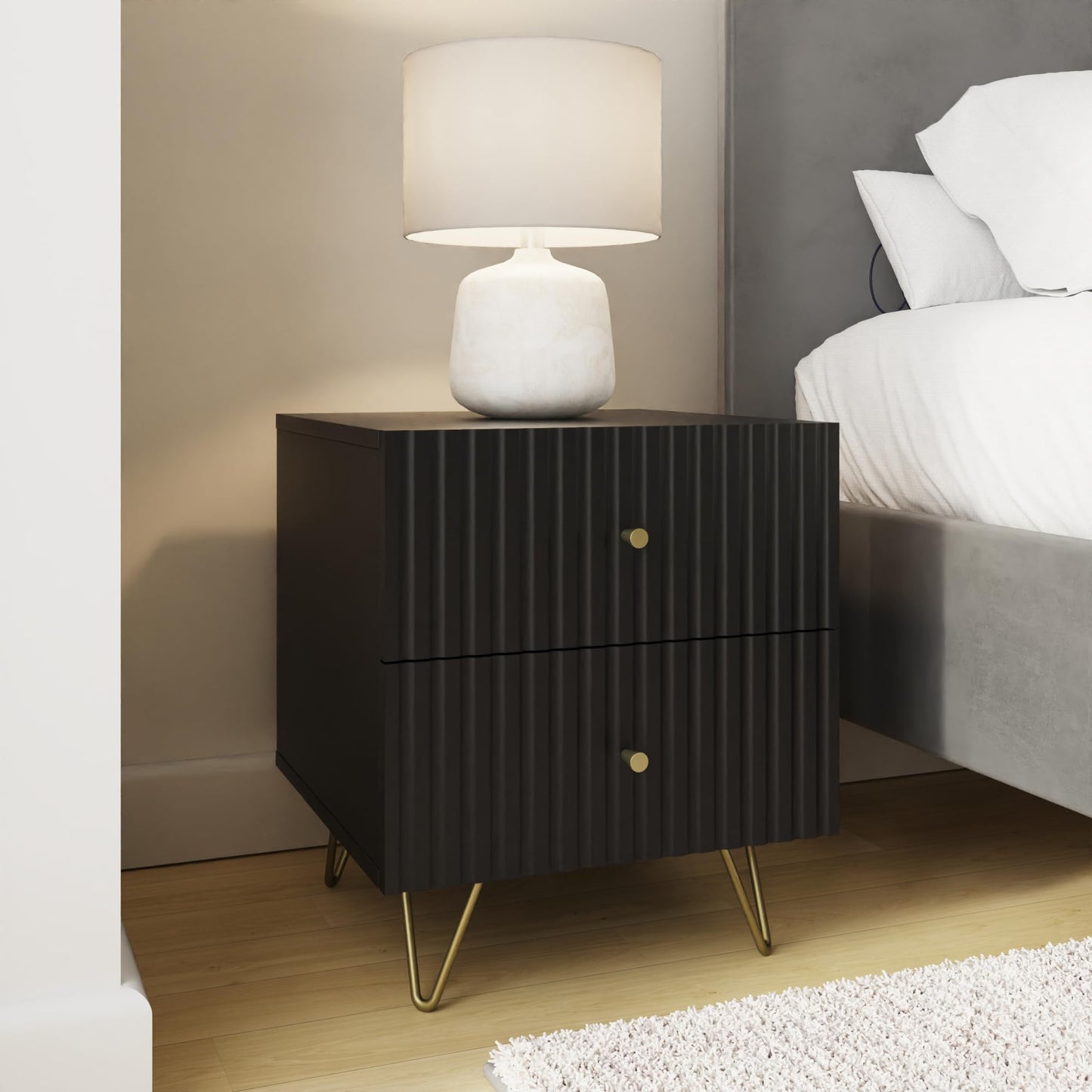 GFW Thalia 2 Drawer Bedside Table with Ribbed Front, Modern Nightstand with Brass Hairpin Legs for Bedroom Storage, Contemporary Side Table
