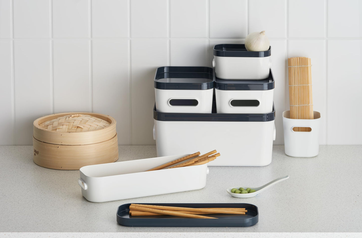 SmartStore Slim Storage Container 1.3 L | White | Kitchen, Bathroom, Office, Pantry, Fridge Organizer | Bin with Handles | Food Safe and BPA Free