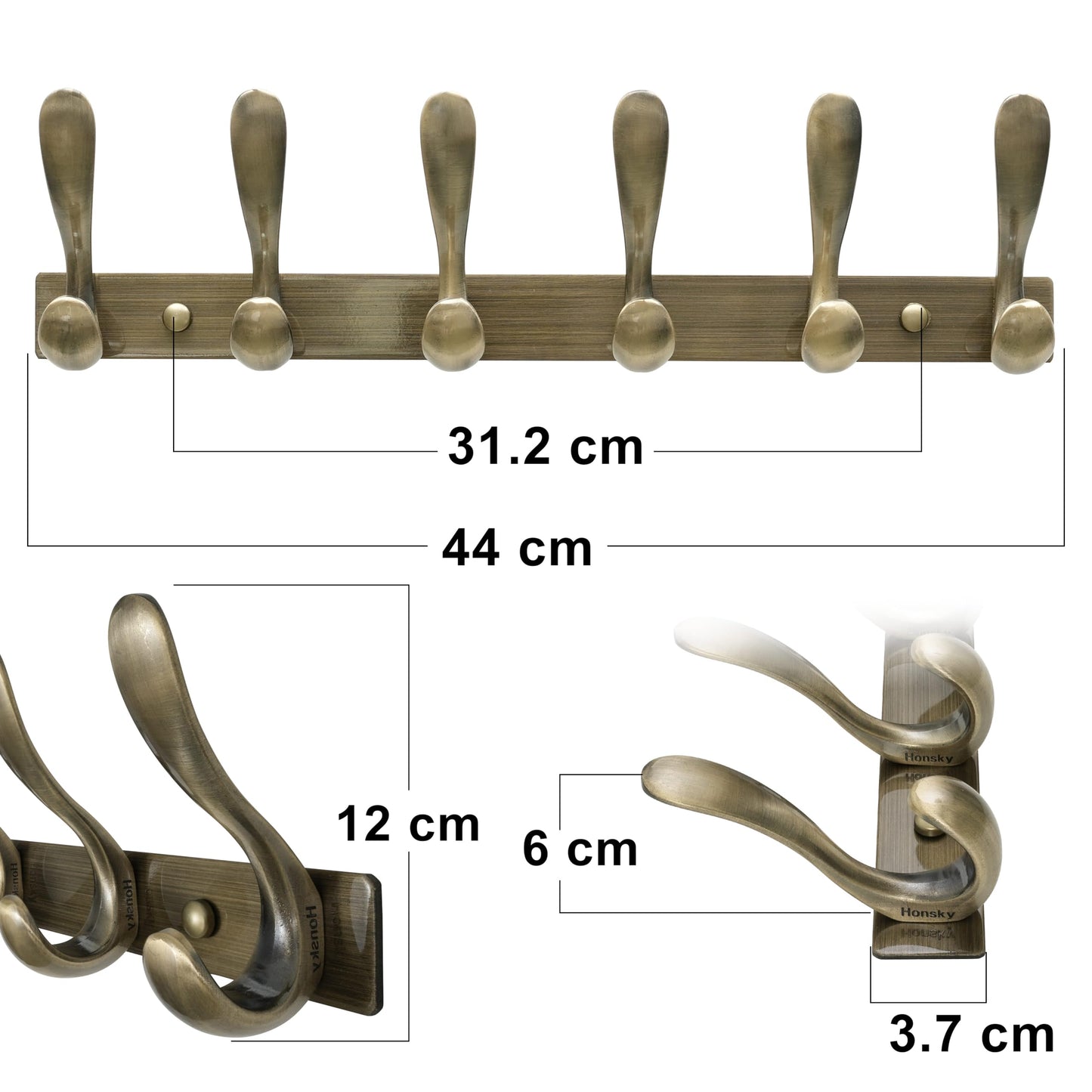 HONSKY Coat Rack Wall Mounted,44 cm Coat Hook Wall Mounted,6 Hooks Heavy Duty Wall Coat Hook for Hanging Clothes,Coat,Hat,Jacket,Antique Bronze