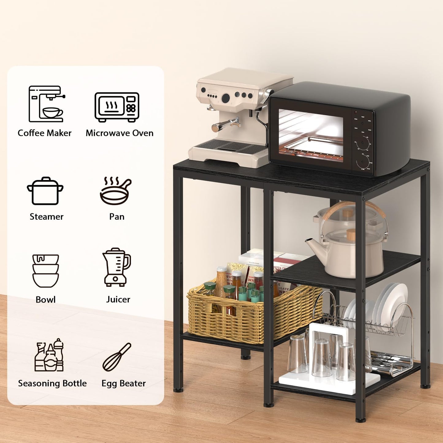 OGEMXU Kitchen Microwave Stand,4-Tier Adjustable Microwave Cart,Black