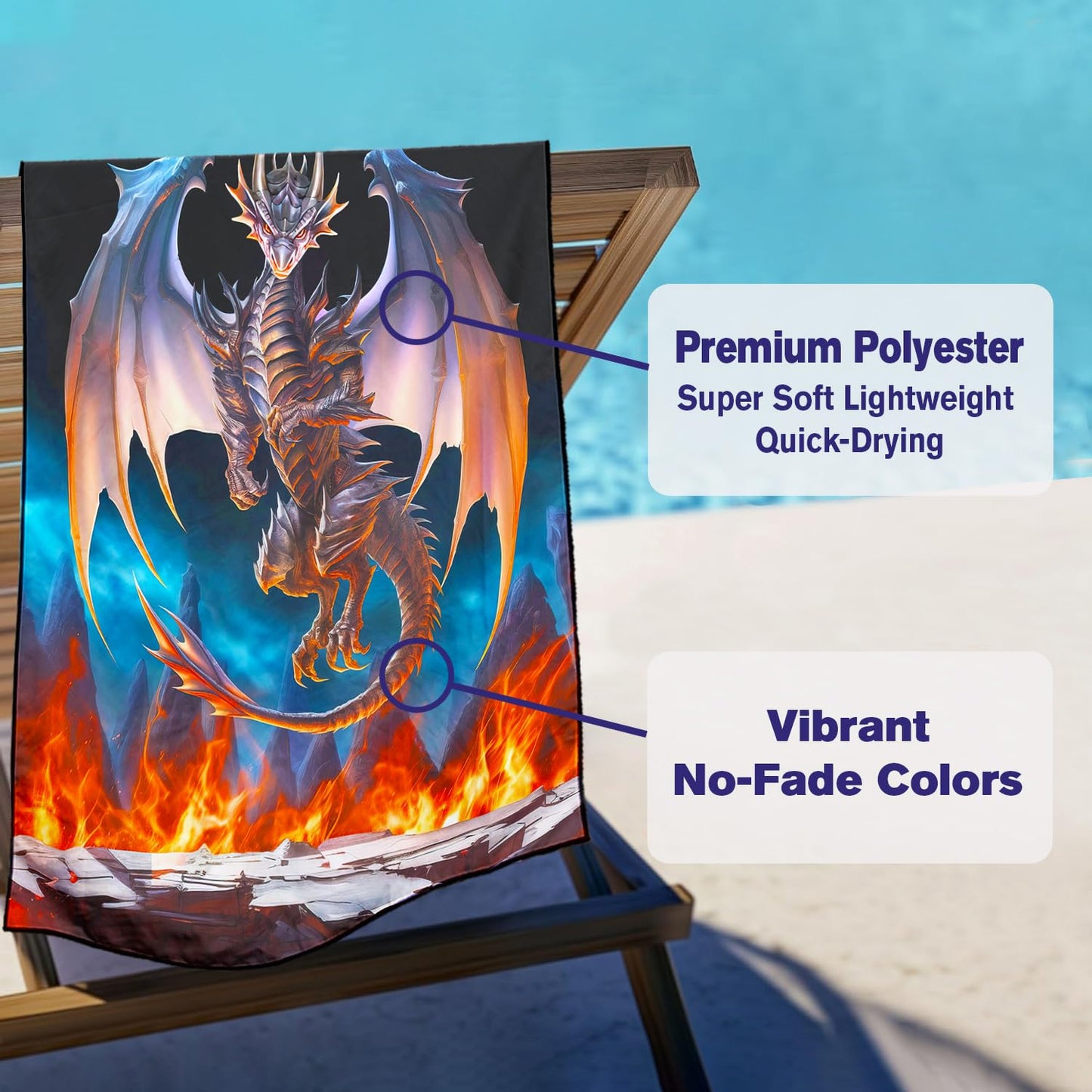 Violetpos Fire Dragon Beach Towel, Extra Large 180x90 cm 250GSM Microfibre, Sand Free Quick Dry