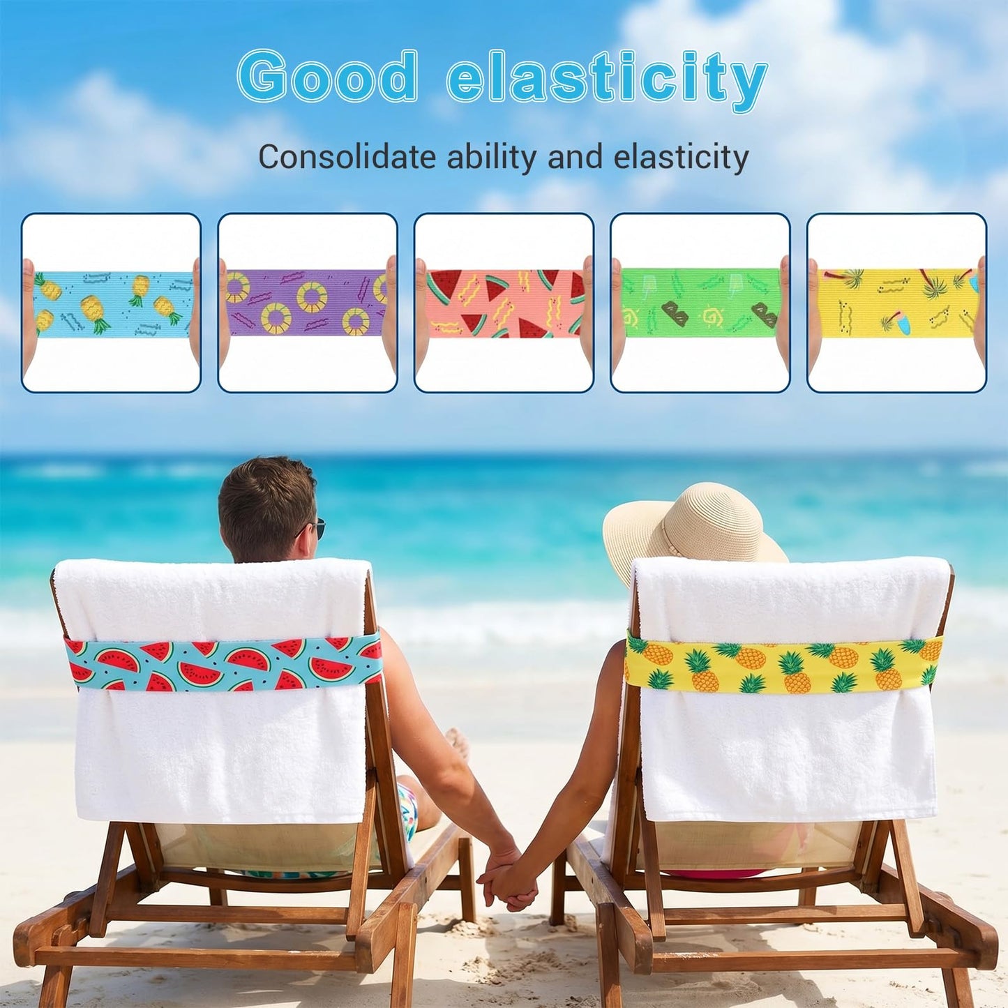 Benaewa 8 Pcs Towel Bands for Sun Loungers, Elastic Non-slip Beach Towel Bands for Sun Loungers, Pool (40cm×5cm,colorful)