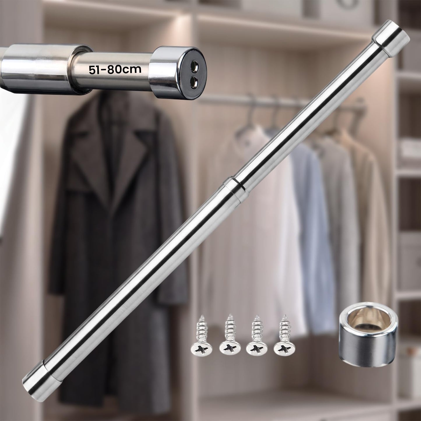 51-80cm Heavy-Duty Extendable Wardrobe Rail: Sturdy Hanging Rod for Closet