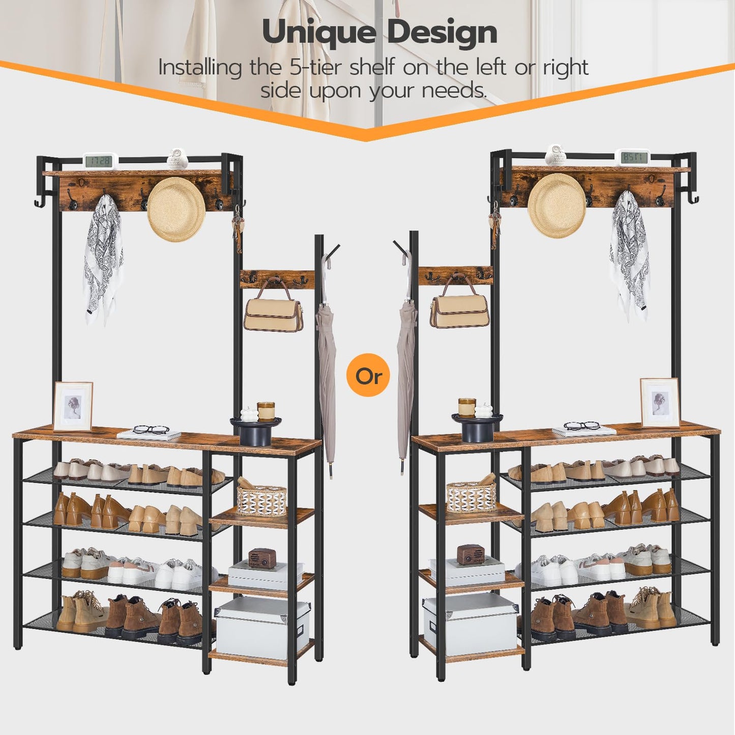 HOOBRO Coat Stand, Coat Rack with Shoe Storage, Hallway Coat and Shoe Rack, Hall Tree with 4 Side Storage Shelves and 9 Coat Hooks, for Entryway