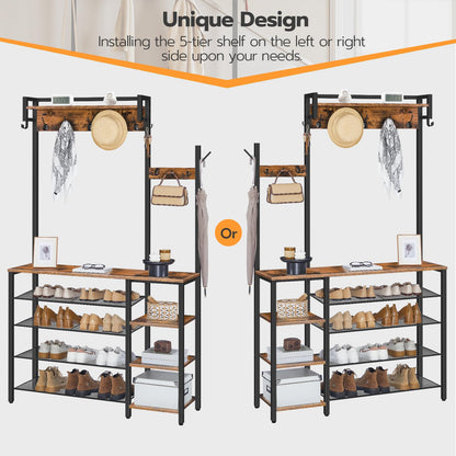 HOOBRO Coat Stand, Coat Rack with Shoe Storage, Hallway Coat and Shoe Rack, Hall Tree with 4 Side Storage Shelves and 9 Coat Hooks, for Entryway