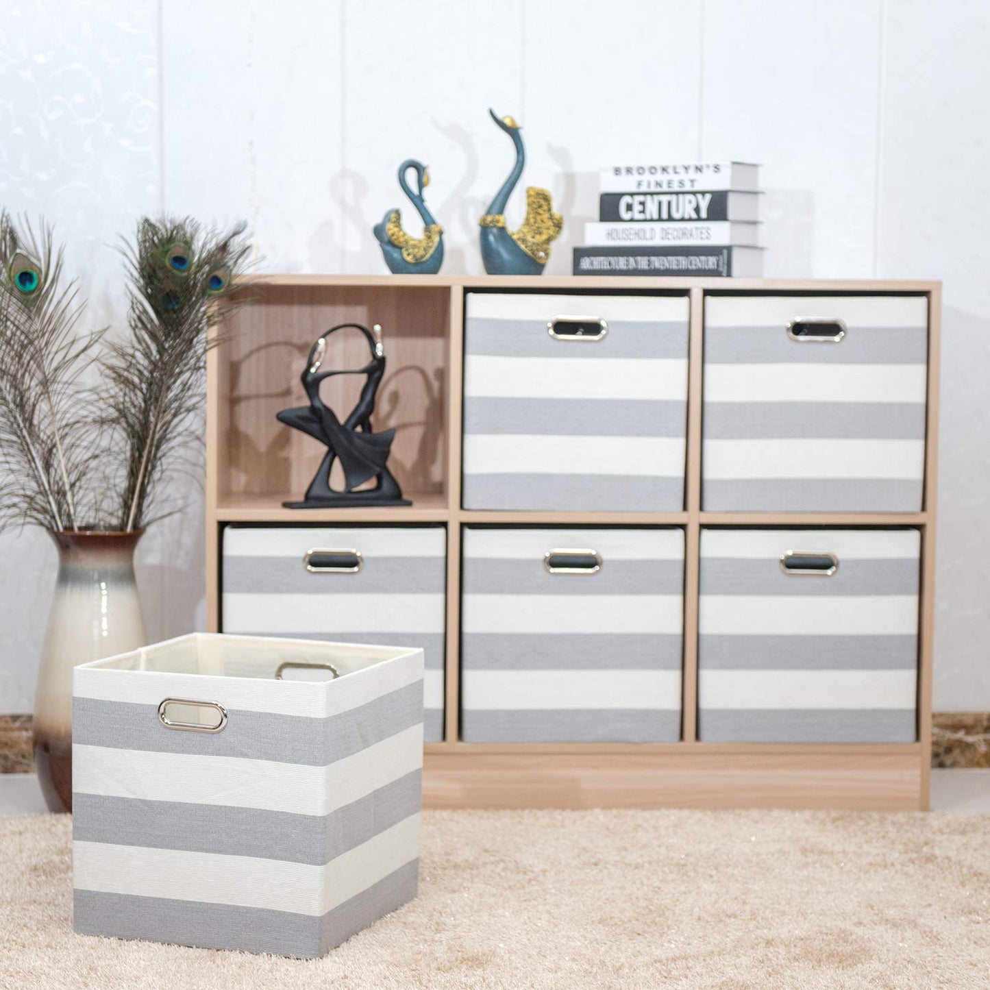 Posprica Kallax Cube Storage Boxs,33×33cm Storage Cube Basket Bins,Fabric Drawers Containers for Office,Closet, Toys, Laundry - Set of 4,Grey/beige