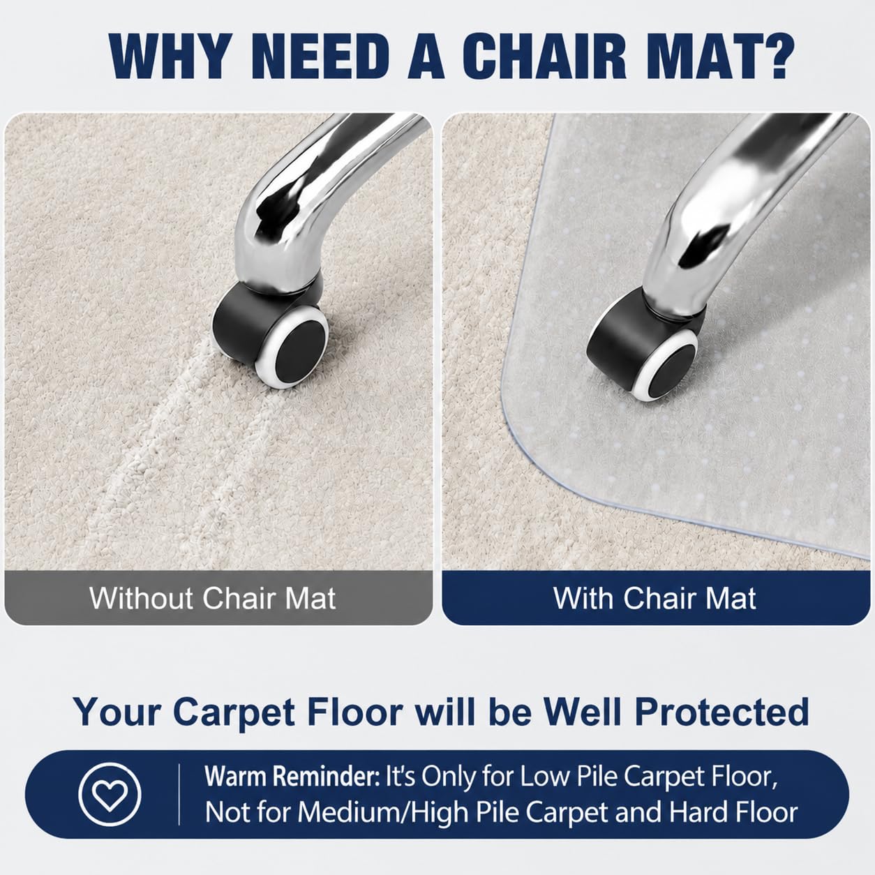 Thickened Office Chair Mat for Carpet, 120×90cm Rectangular, 3mm Thick Clear Heavy Duty Floor Protector with Anti-Slip Particles for Office & Home