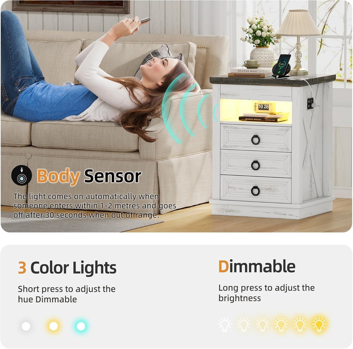 Lvifur Bedside Table - with Hidden Drawer,LED Nightstand with Charging Sation,Smart Night Stand with 3 Color Lights,End Table with Glass Desktop,3