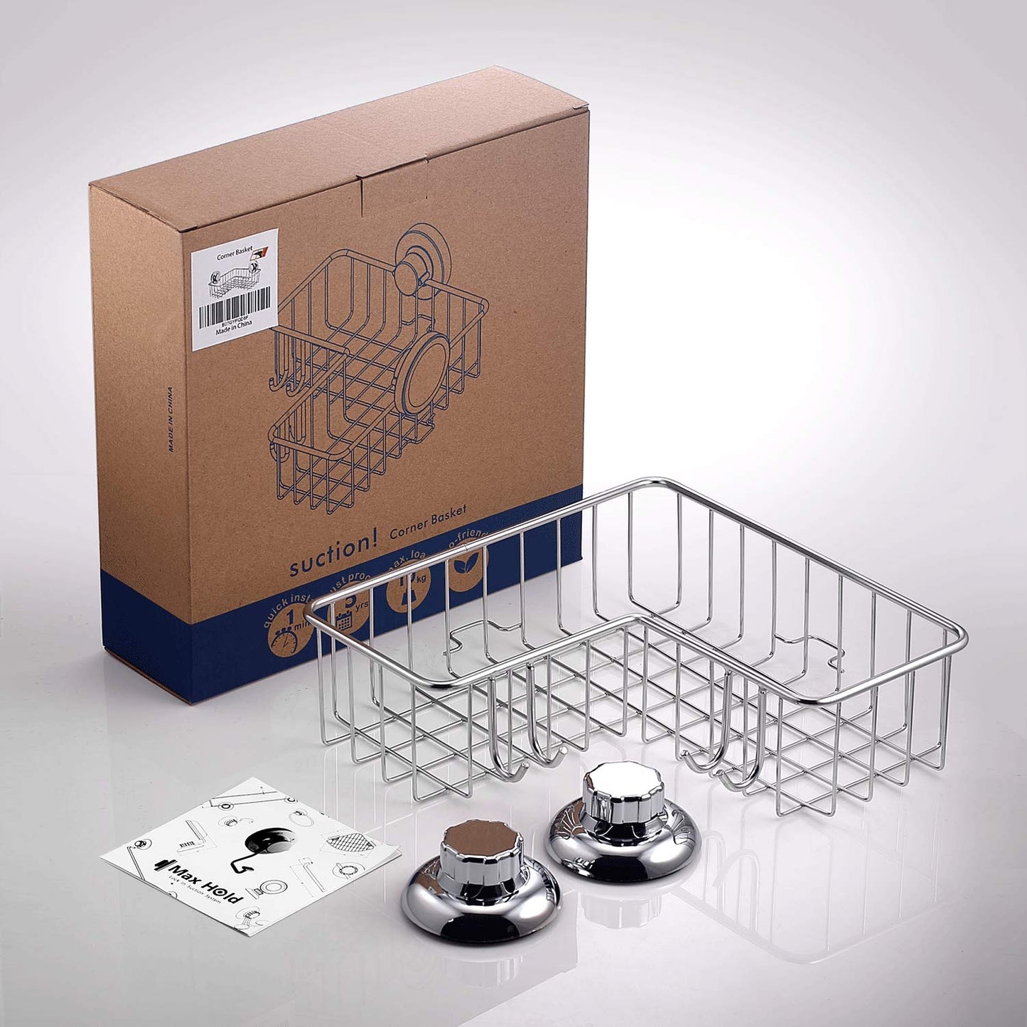 MaxHold No-Drilling/Suction Cup Deep Corner Storage Basket with 4 Hooks - Vaccum System - Stainless Steel Never Rust - for Bathroom & Kitchen
