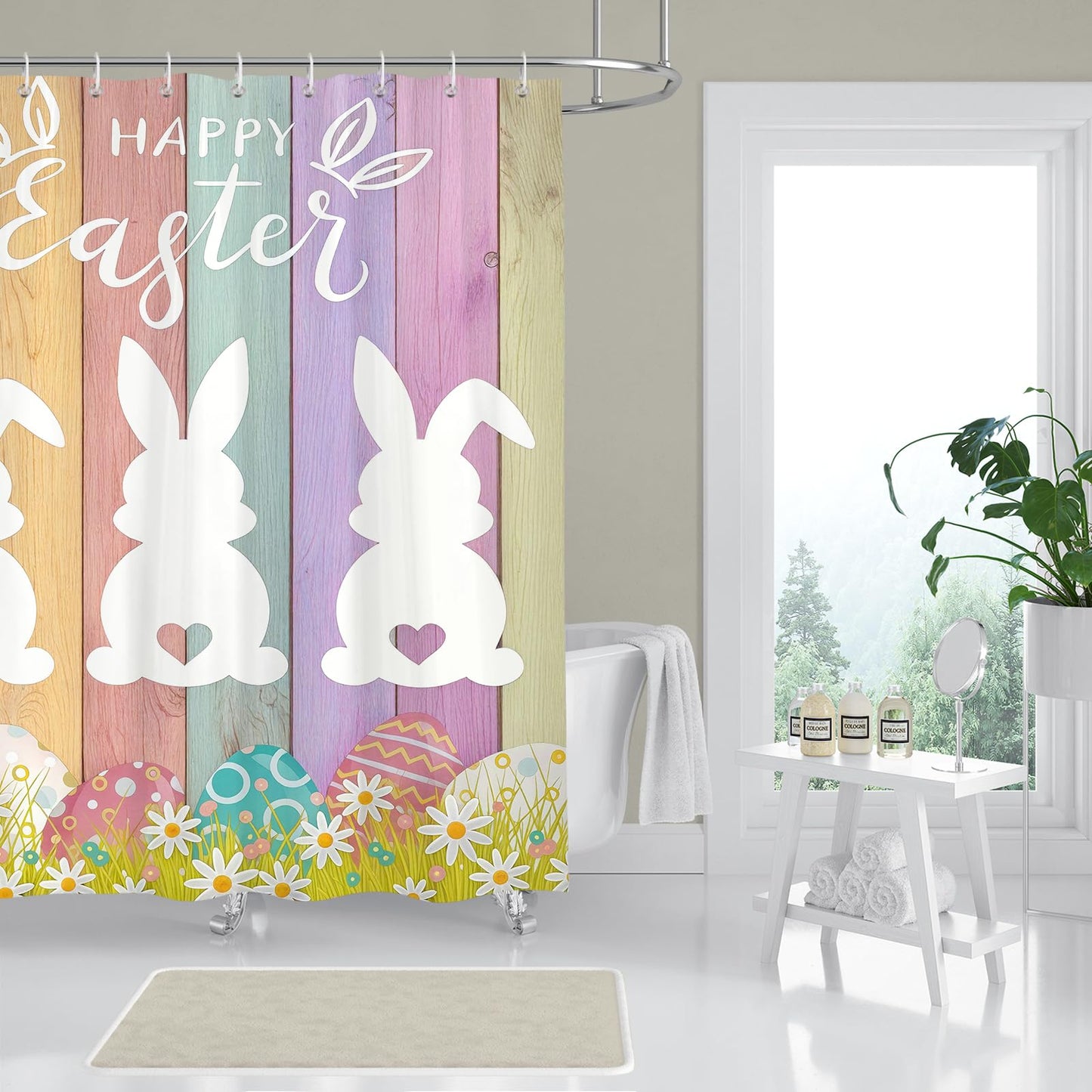 BREASOME Spring Easter Bunny Shower Curtain 180 x 180 cm Cute Rabbit Egg Floral Shower Curtain for Bathroom Decor Mould Proof Waterproof Polyester