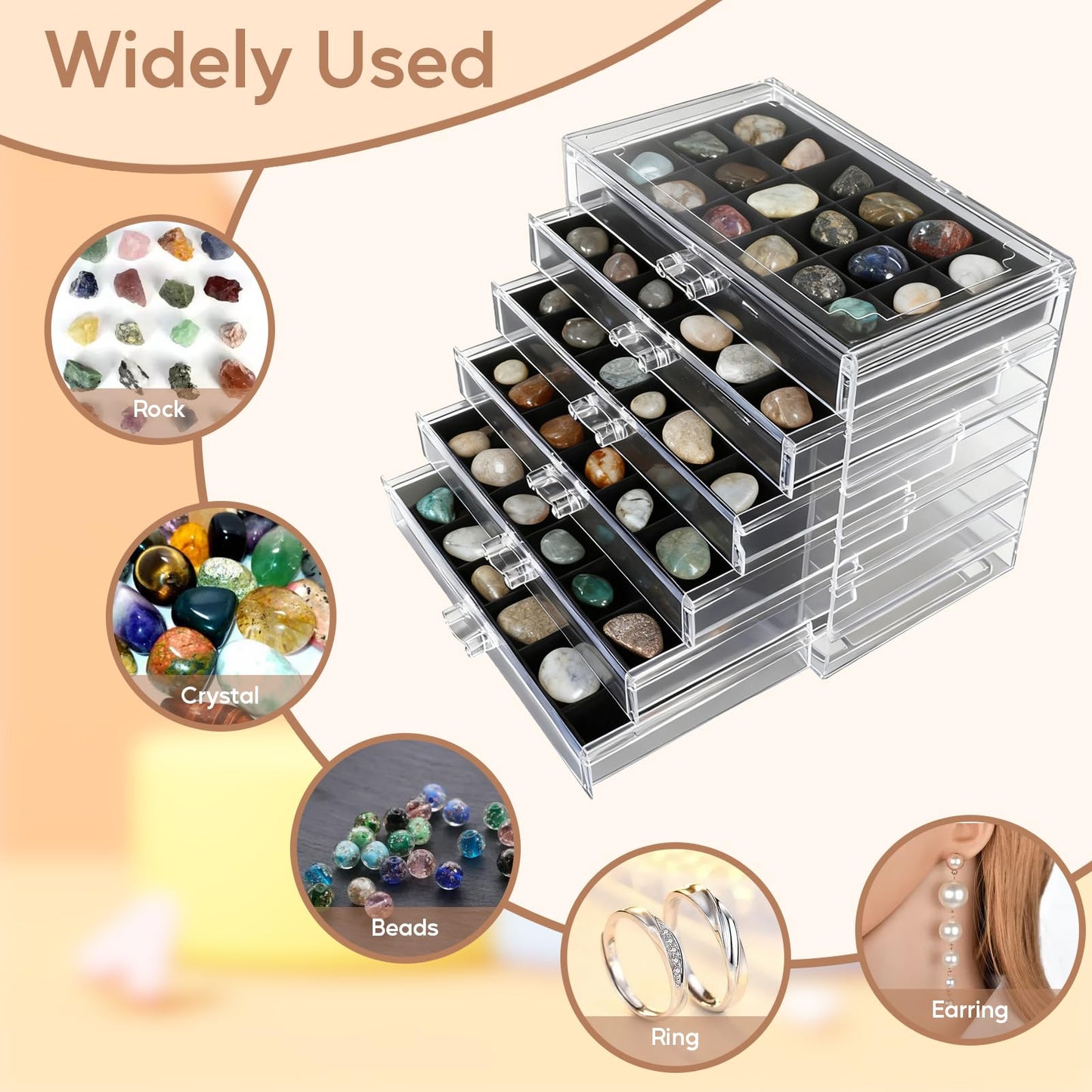 Rock Display Case, 6 Drawers 108 Grids Rock Collection Box Rock Collection Display Case Clear Crystals display Case Storage Cases for Small Rocks