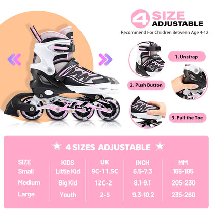 2pm Sports Adjustable Light up Inline Skates, Stylish Design Beginner Roller Skates for Boys and Girls - Pink Medium