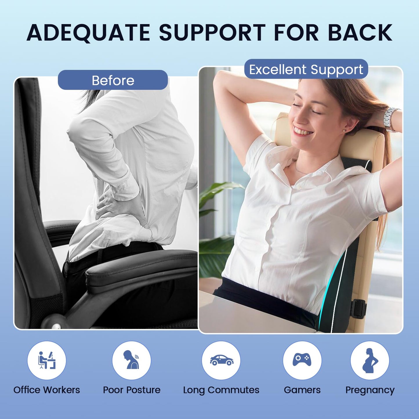QUTOOL Lumbar Support Pillow for Office Chair Car Memory Foam Back Cushion for Back Large Back Pillow for Computer, Gaming Chair