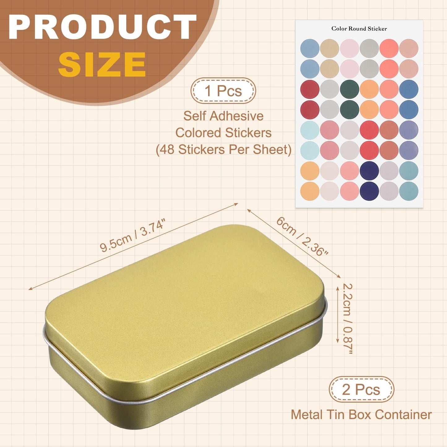 sourcing map 2Pcs Metal Tin Box Container, 3.7x2.4x0.9 Rectangular Empty Box with Self Adhesive Colored Stickers