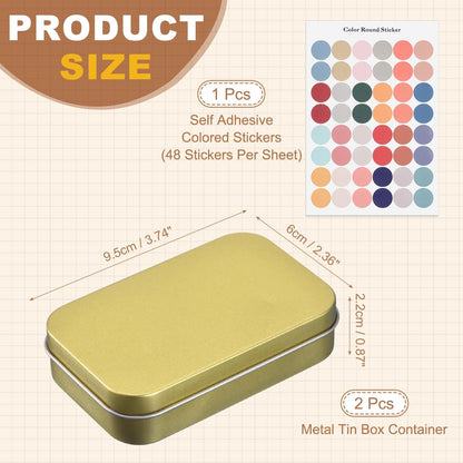 sourcing map 2Pcs Metal Tin Box Container, 3.7x2.4x0.9 Rectangular Empty Box with Self Adhesive Colored Stickers