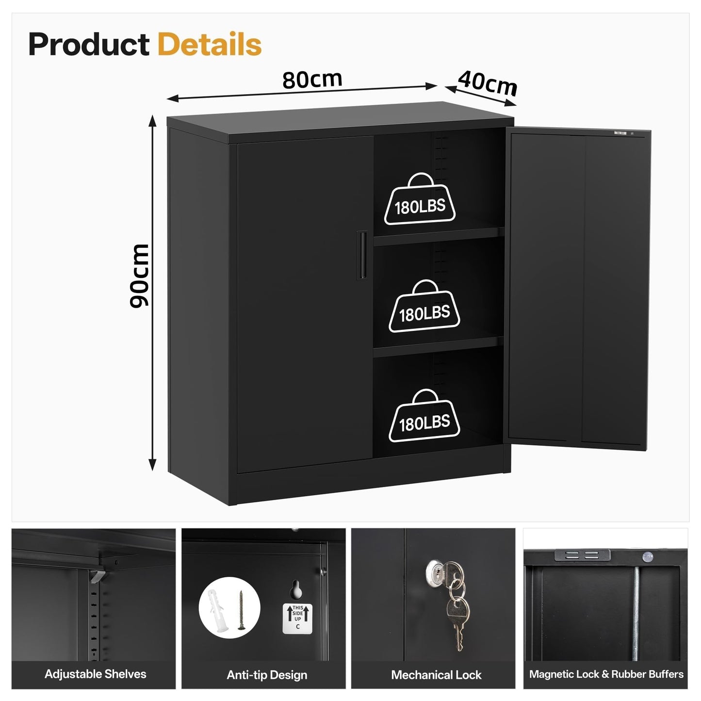 Metal Storage Cabinet, 90cm Locking Storage Cabinet with Doors & Shelves, Steel Storage Cabinet with 2 Adjustable Shelves for Garage, Home, Office