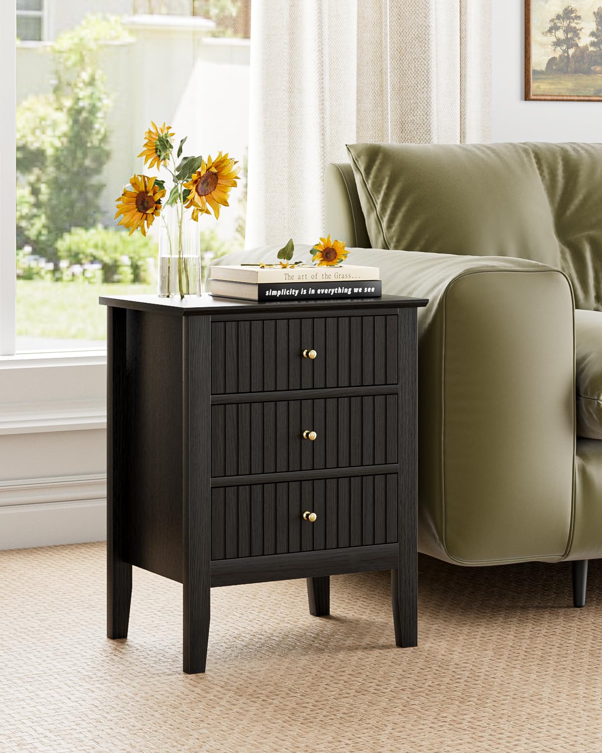 HEYZOEY Black Country Bedside Table, 3 Fluted Drawers, 17.8×13.3×24 in