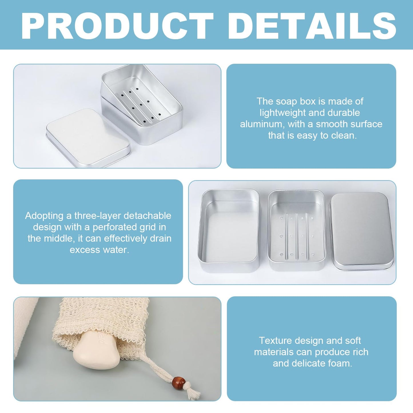 2 Pcs Aluminum Soap Dishes, Rectangular Metal Soap Storage Case