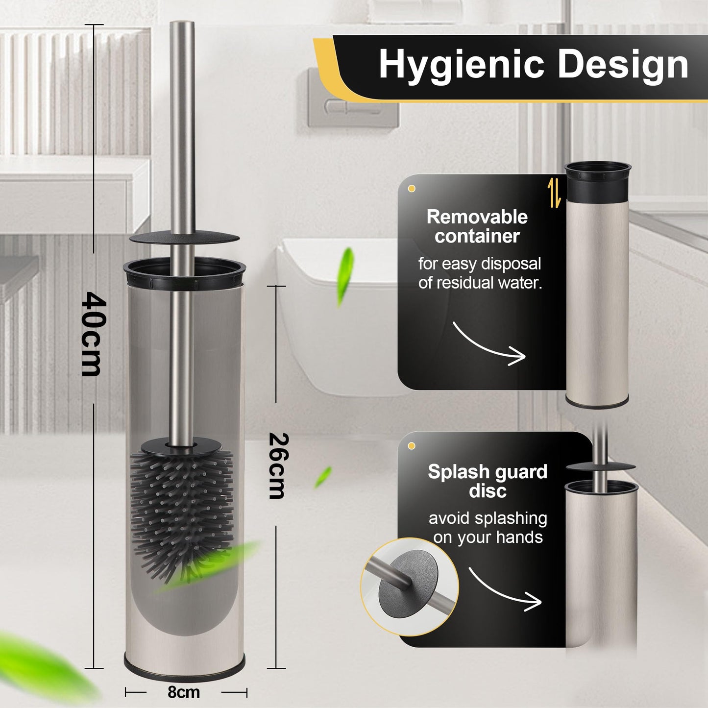 DAZI Metal Standing Toilet Brush, Silicone Bathroom Brush with 2 Brushes Long Handle Basin for Deep Cleaning of the Washbasin