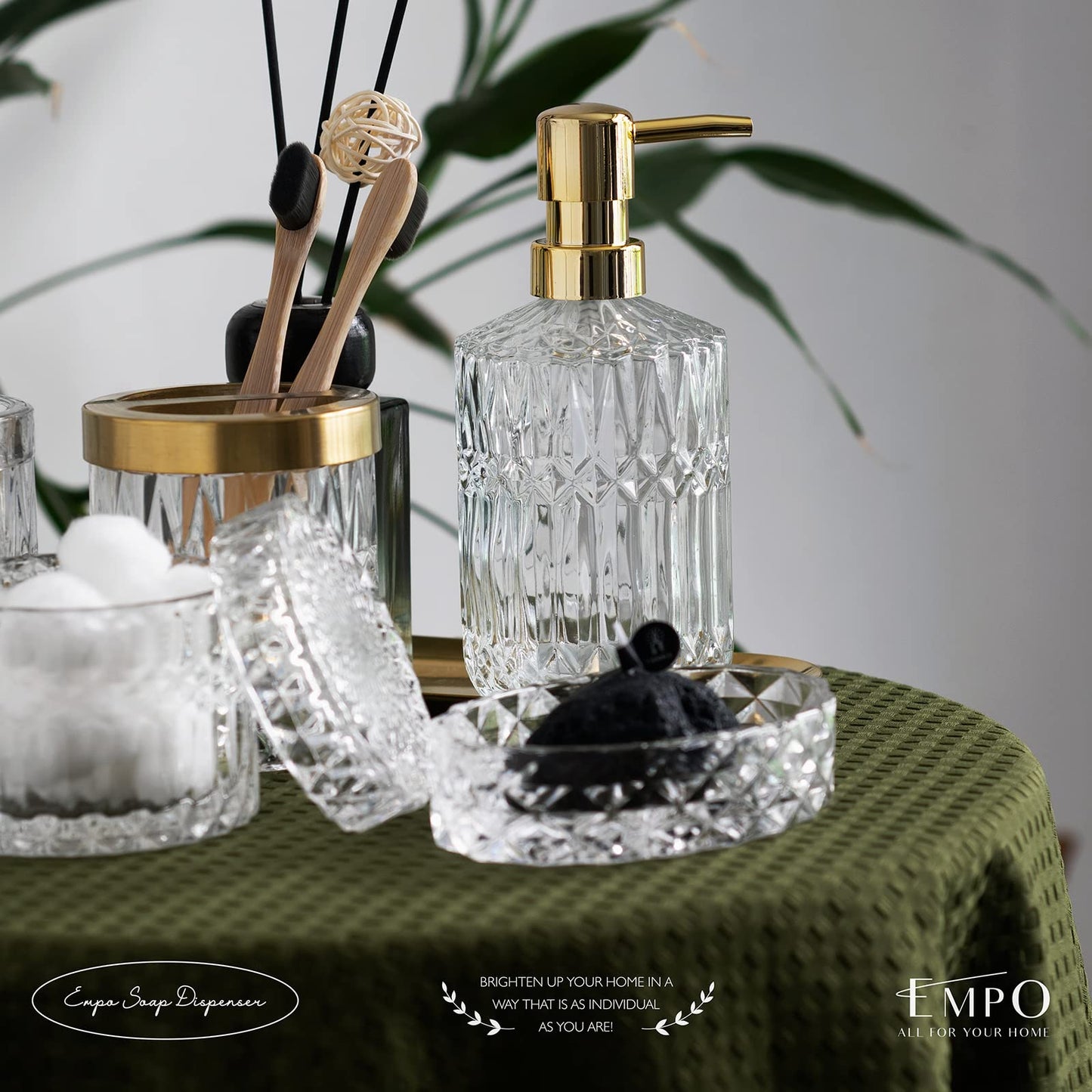 EMPO 6PCS Bathroom Clear Glass Accessories Set (Lotion Soap Dispenser, Soap Dish, Toothbrush Holder, Tumbler, Cotton Swab Jar)