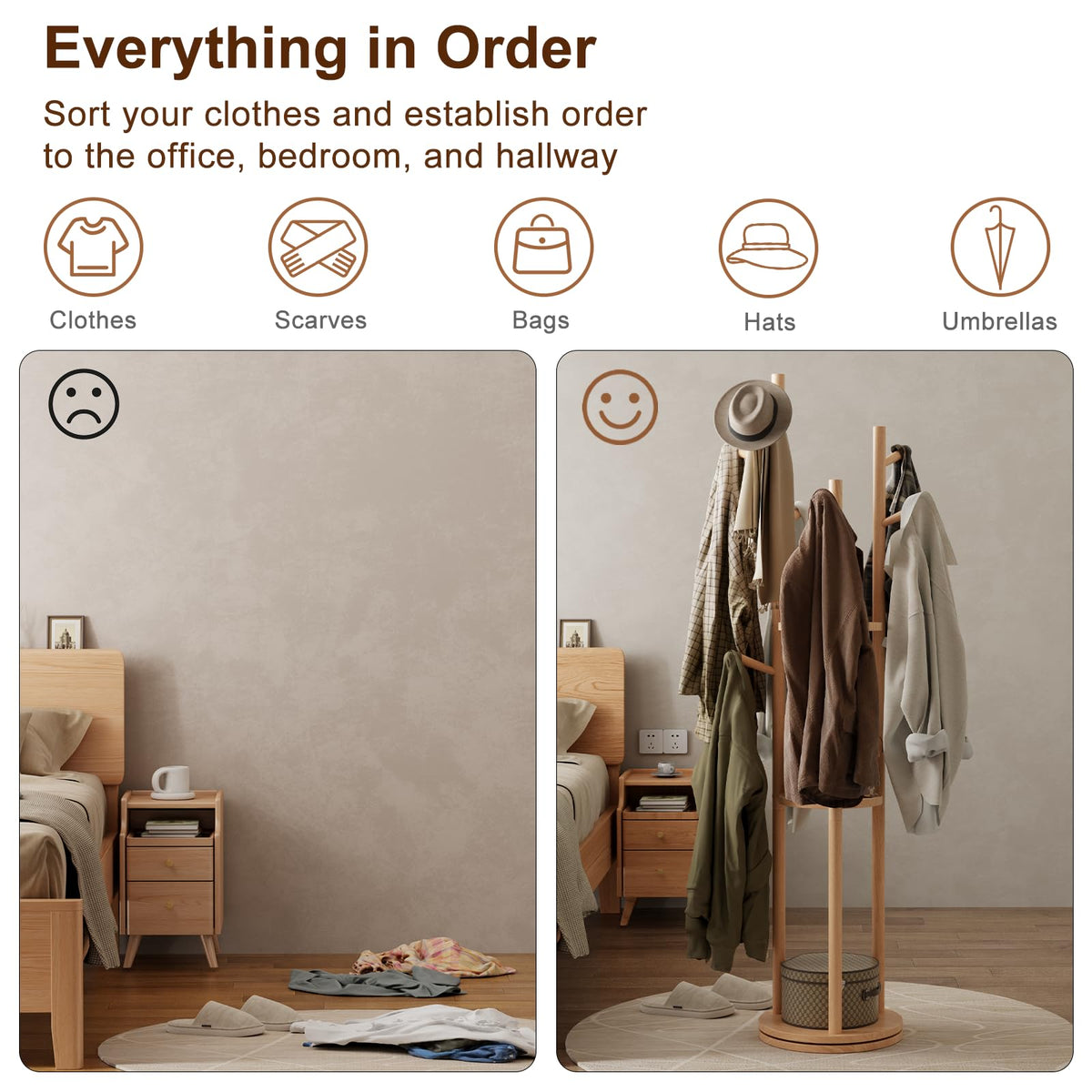 AQIMUELE Coat Stand, Wooden Coat Rack Stand with 3 Storage Shelves and 9 Hooks, Freestanding - Rotatable Coat Hanger Stand