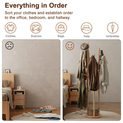 AQIMUELE Coat Stand, Wooden Coat Rack Stand with 3 Storage Shelves and 9 Hooks, Freestanding - Rotatable Coat Hanger Stand