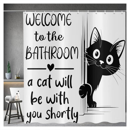 ASDCXZ Funny Cat Shower Curtain 120x200 cm, Cute Cartoon Black Kitten Hide and Seek Kids Bathroom Waterproof Bath Curtain Polyester Textile Washable