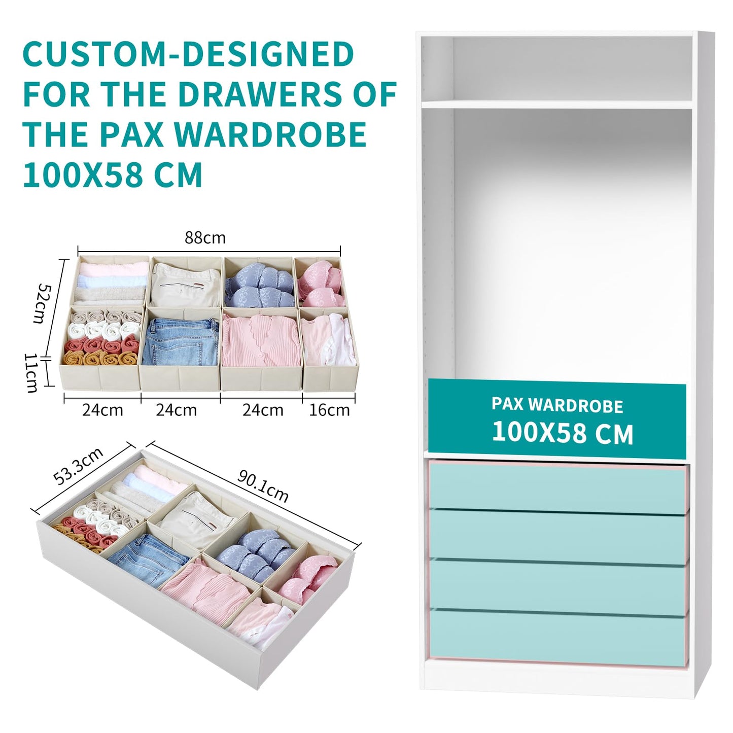 ORLISA Drawer Organiser for PAX 100 Drawers (100x58cm), 8 Pack Closet Organiser Set, Fabric Drawer Dividers & Wardrobe Organisers for Clothes Storage