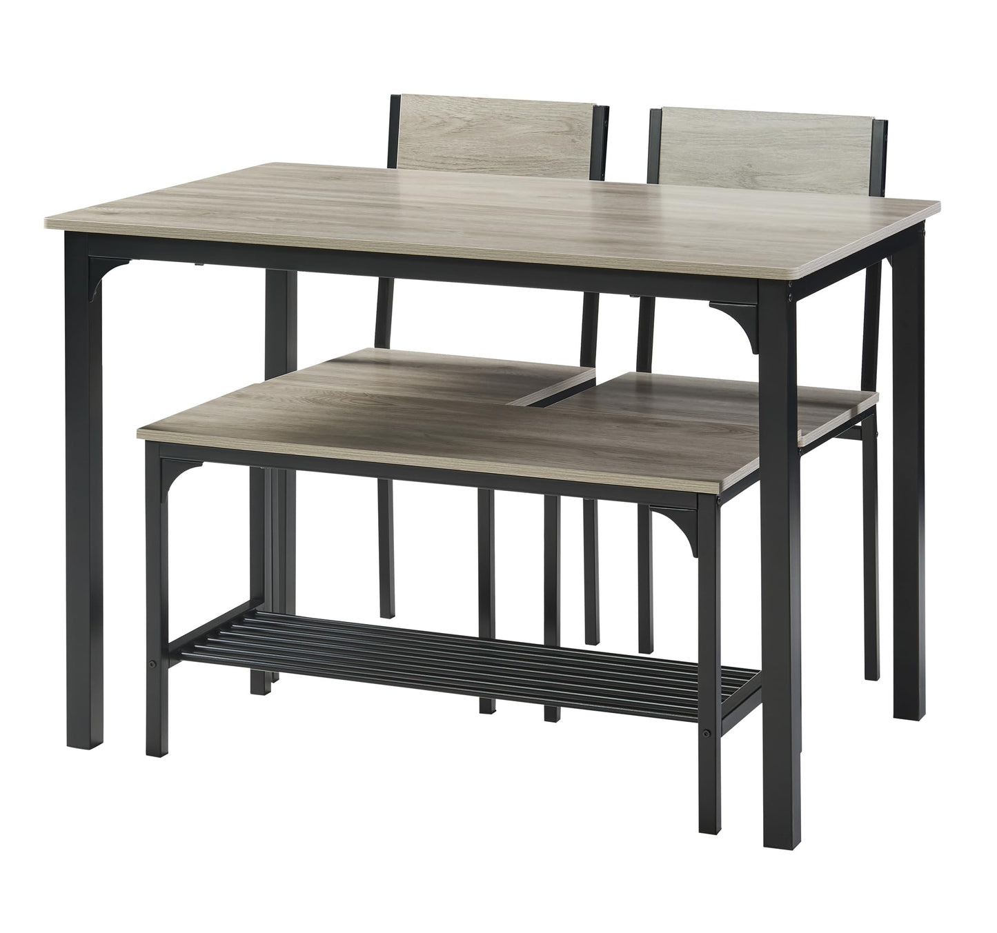 Panana 4 Seats Dining Table Set Wooden Compact Table 2 Chairs 1 Bench Set Metal Kitchen Room Furniture (Grey)