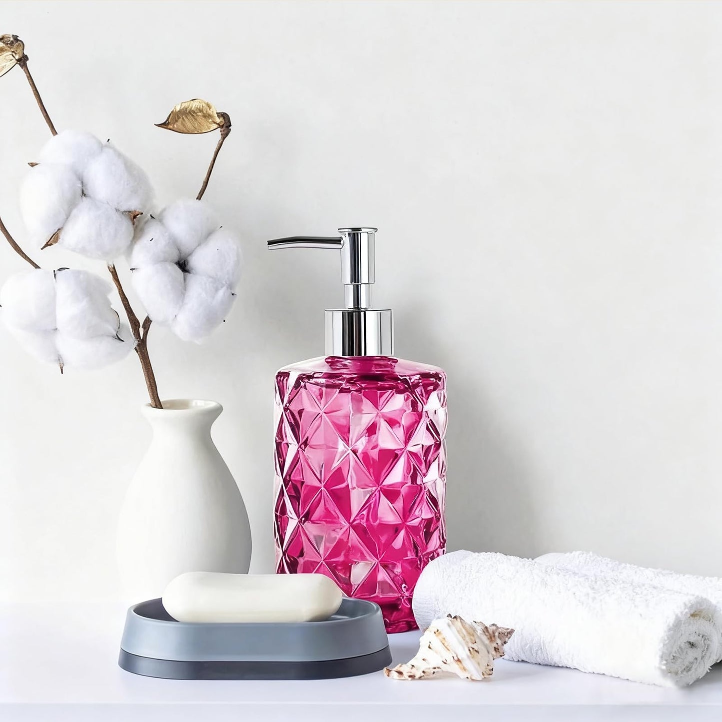 Glass Soap Dispenser 2pc, Diamond Crystal Transparent Style with Plastic Pump，Handwash Dispenser Bottle, Used in Kitchen and Bathroom