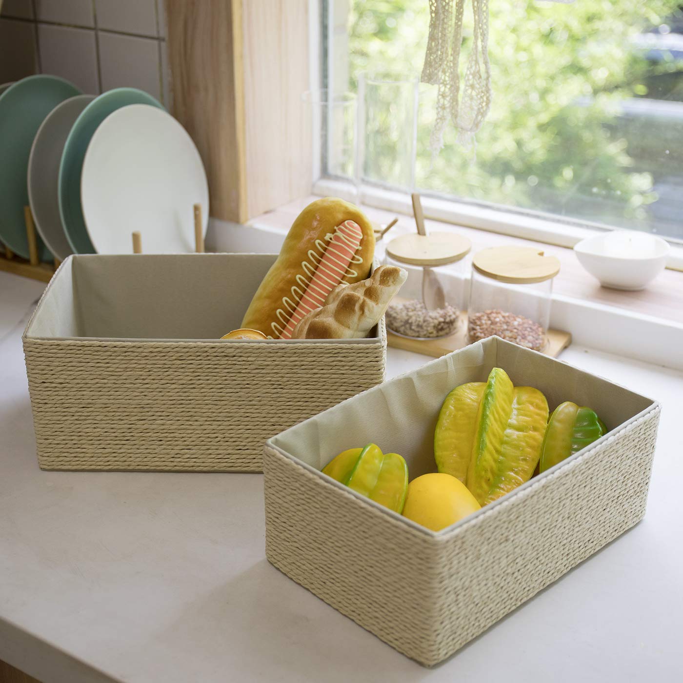 LA JOLIE MUSE Paper Rope Woven Storage Basket Set of 4 with Fabric Liner, Stackable Multipurpose Organizer Bin,Beige