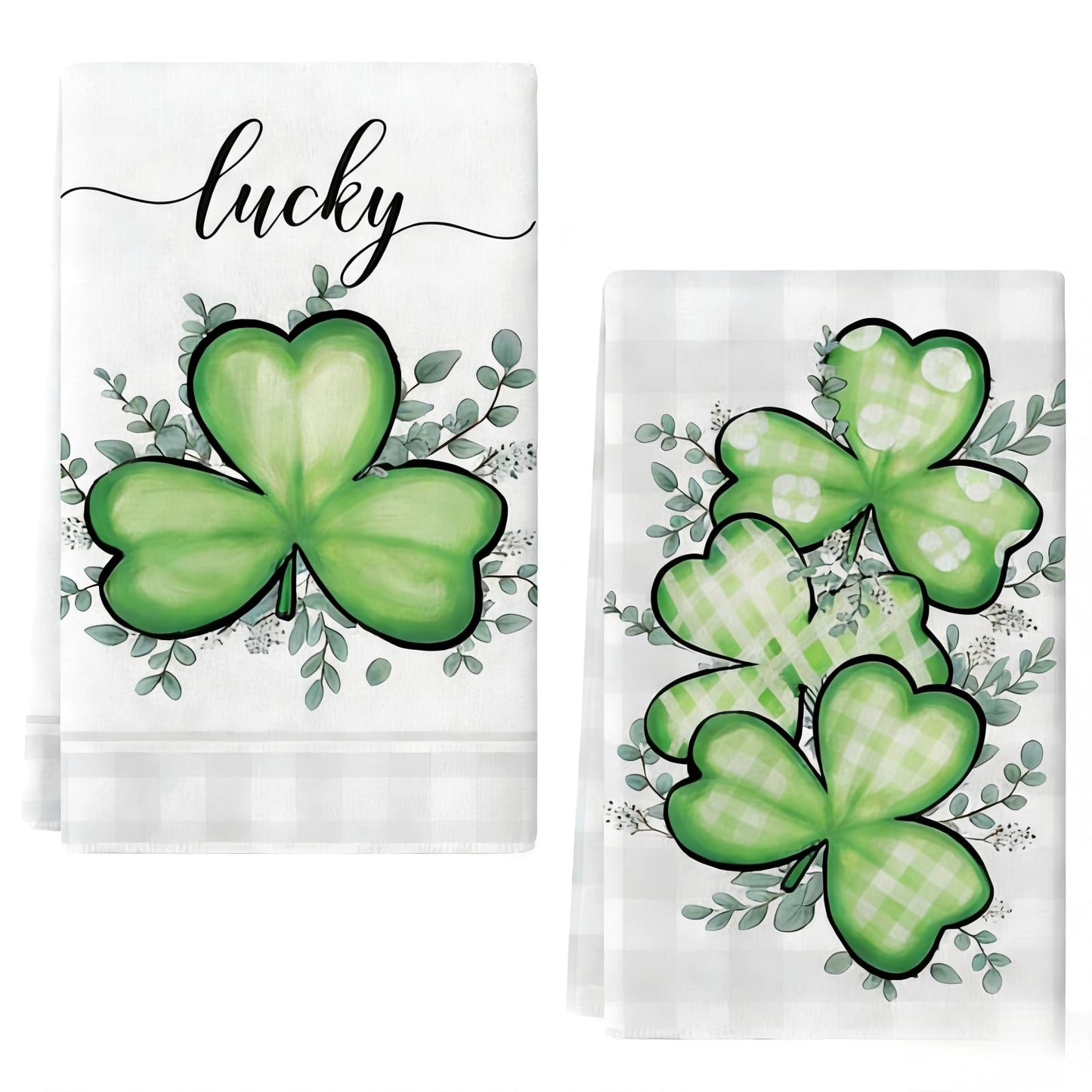 Riewy 2Pcs St Patricks Day Decorations Tea Towel,40x60CM Green and White Shamrock Eucalyptus St Patricks Day Kitchen Towels Dish Towel Multi-Purpose