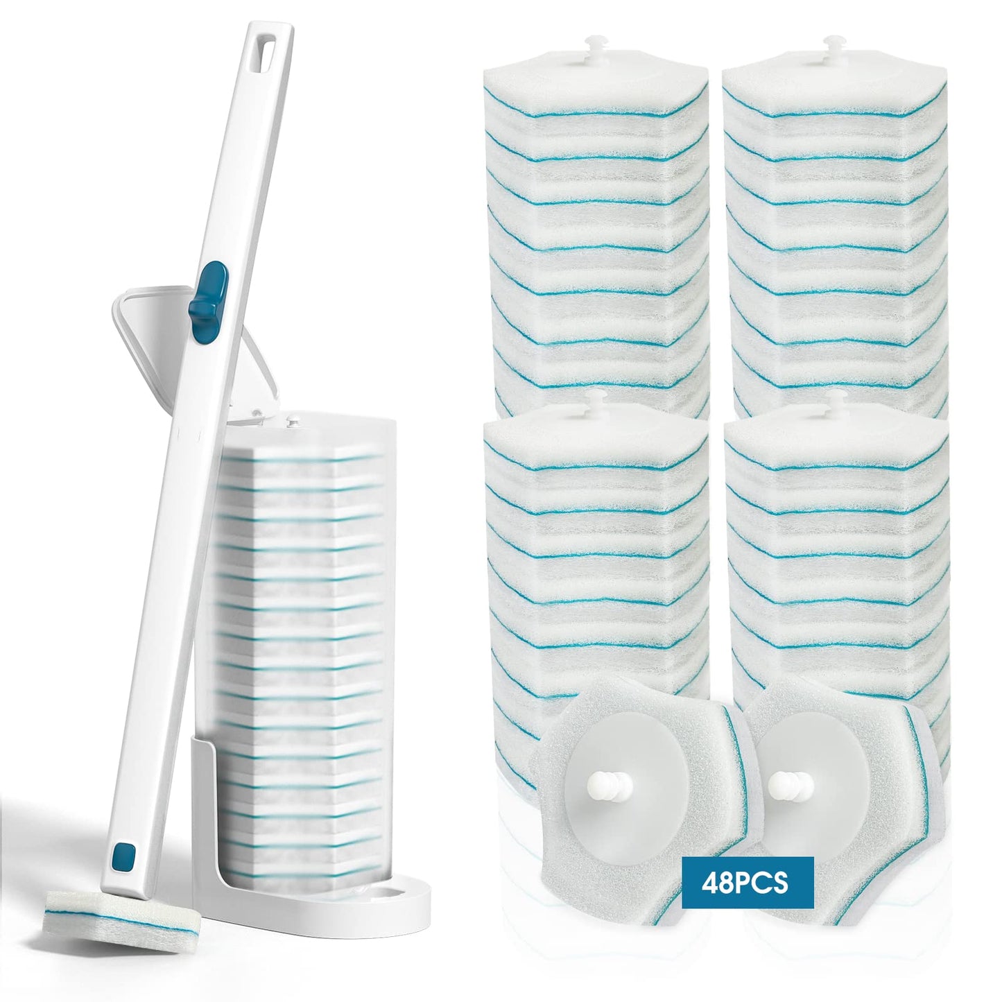 Toilet Wand Kit with 48 Refills, Disposable Toilet Bowl Brush Disposable Toilet Cleaning System Toilet Wand, Storage Caddy and 48 Toilet Brush Refill