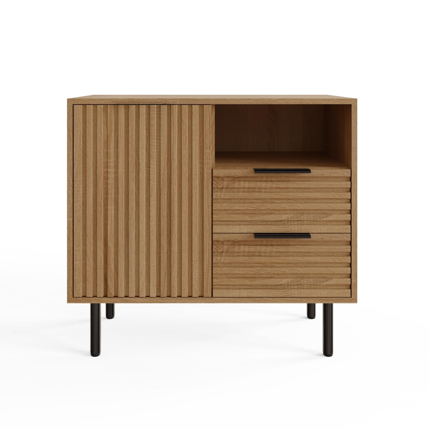 GFW Nervata Compact Sideboard with Drawers & Open Shelving, Modern Ribbed Storage Cabinet for Living Room or Hallway